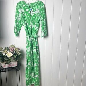 Vintage 1960’s-1970’s Green|White Tropical floral Maxi Dress With Tie